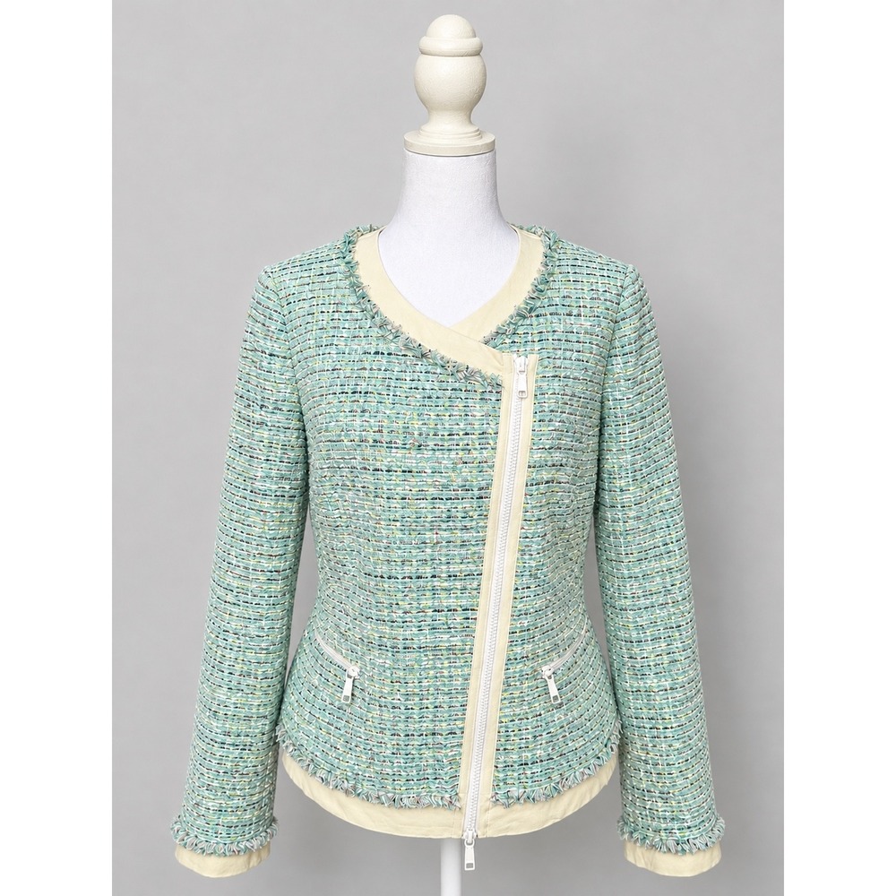 Lafayette 148 Mint Green Tweed Lambskin Leather Trim Zip Jacket Size 8